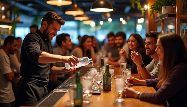découvrez ce bar unique où l'eau est à l'honneur, attirant une foule nombreuse et créant une ambiance animée.